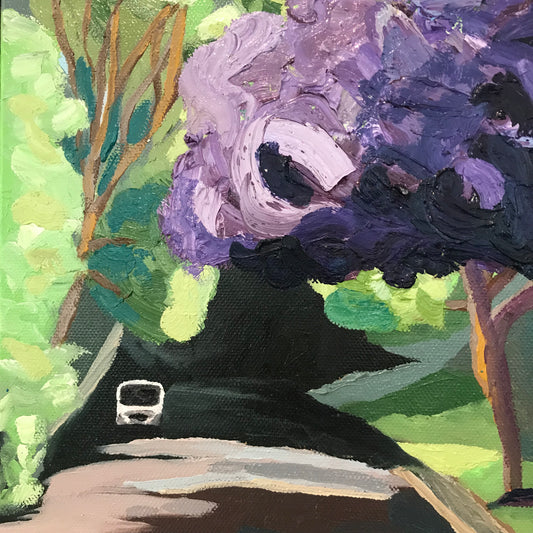 Close-up of a painting with purple flowers, green leaves, and a person's face.