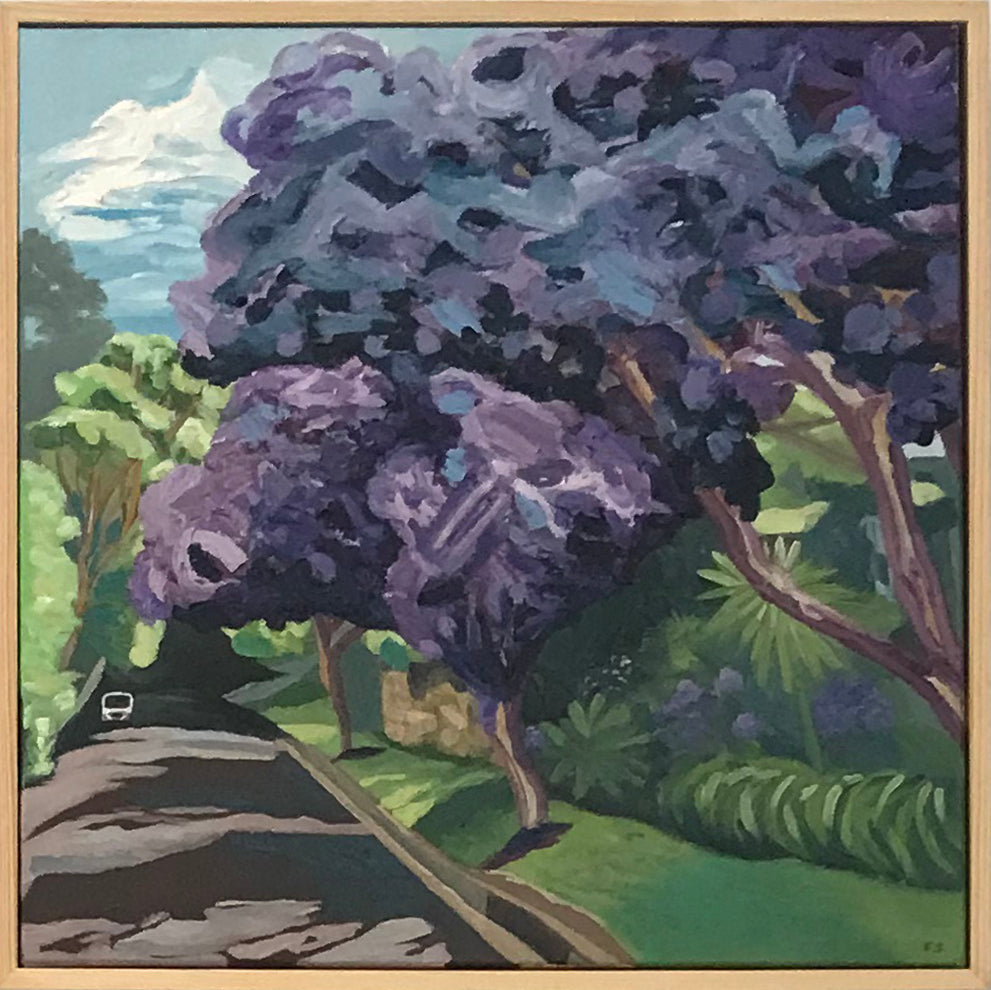 Painting of a purple flowering tree in a garden setting