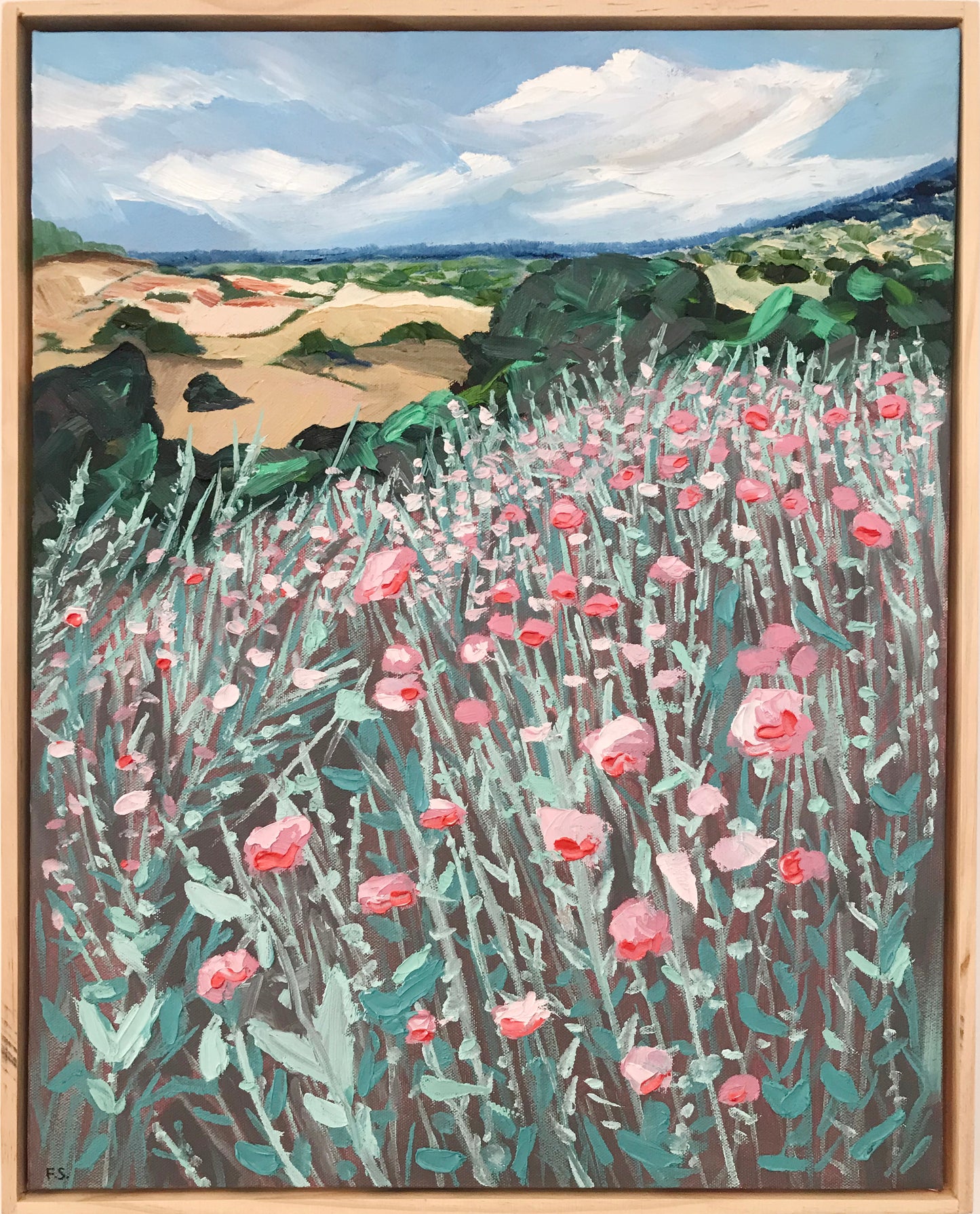 Painting of a field with pink flowers and greenery, framed in a wooden frame.