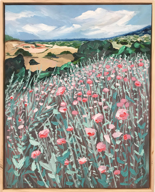 Painting of a field with pink flowers and greenery, framed in a wooden frame.