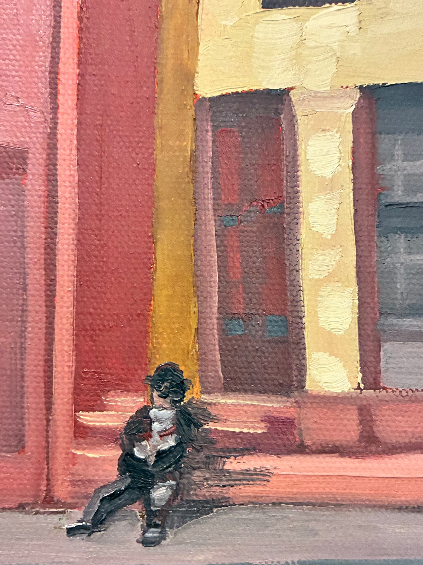 Painting of a child sitting on a step in front of a colorful building.