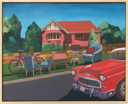 Painting of a suburban scene with a red car, pink house, and outdoor furniture.