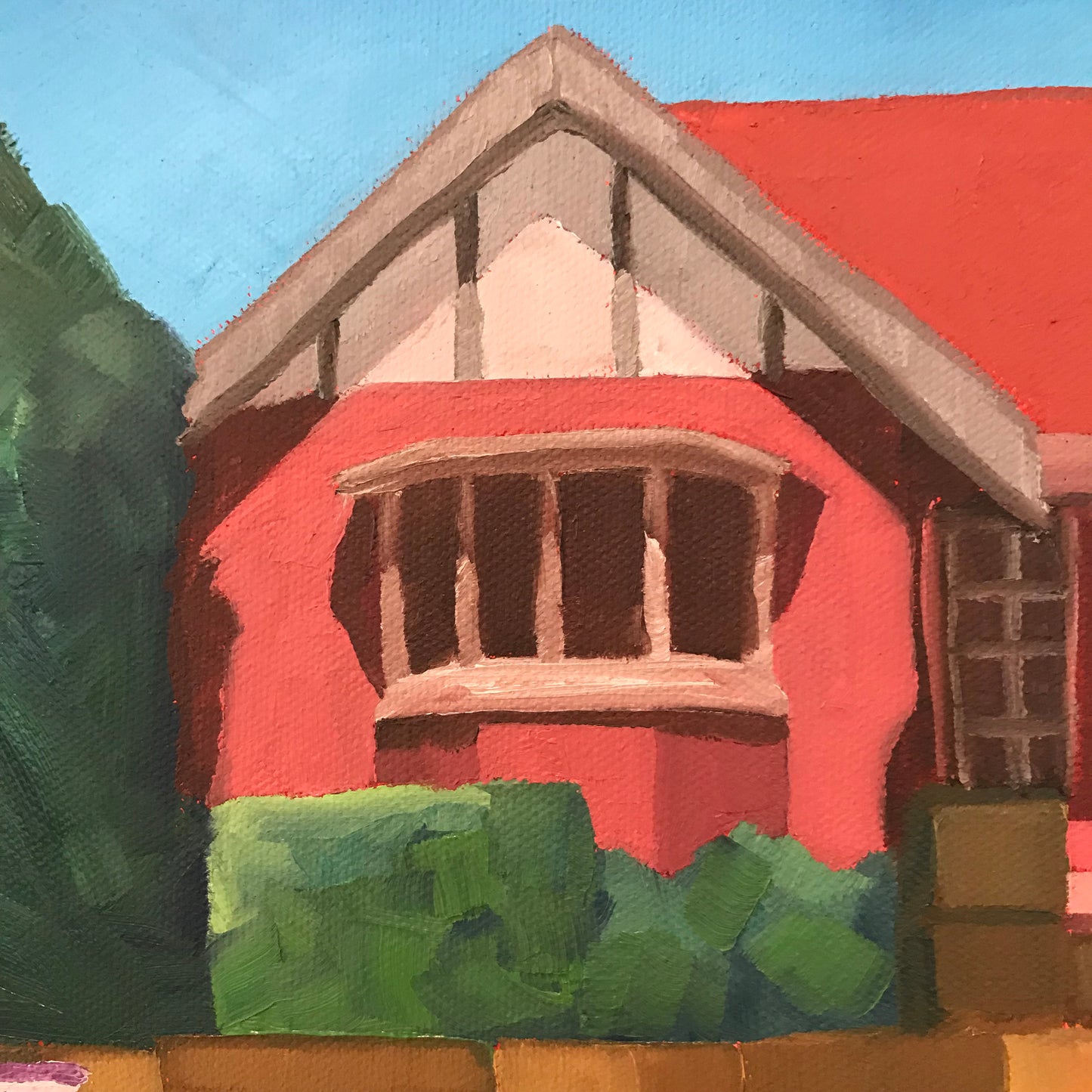 Painting of a red building with a green lawn and blue sky