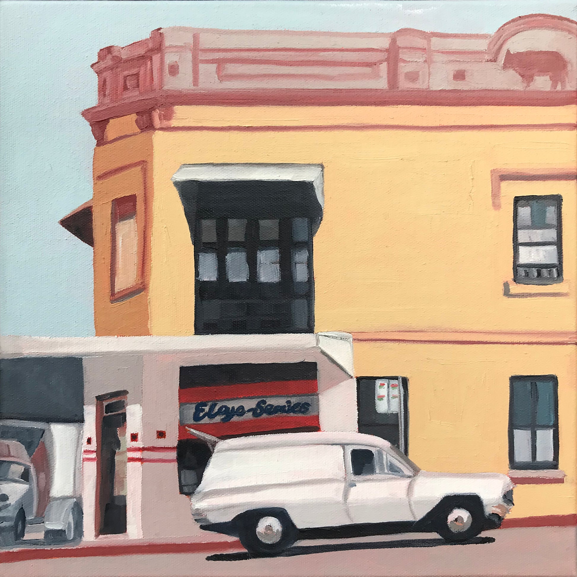 Painting of a yellow building with a white van parked in front