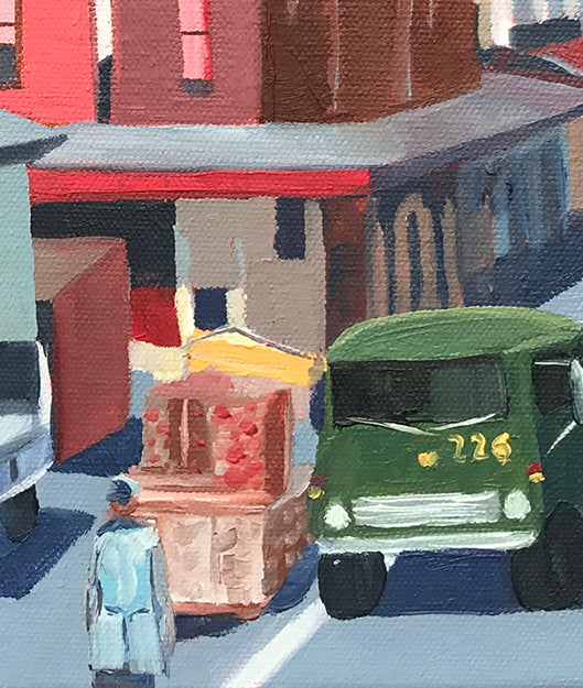 Abstract painting of a street scene with colorful buildings and vehicles.