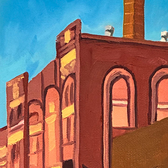 Artistic depiction of a building with arches against a blue sky