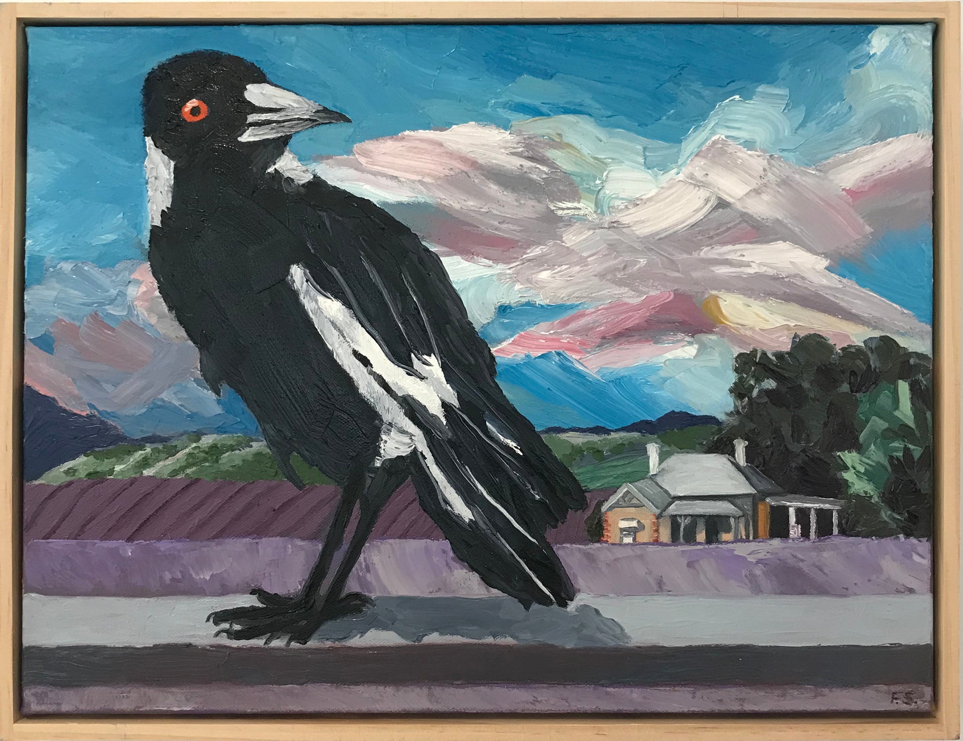 Painting of a magpie with a landscape in the background