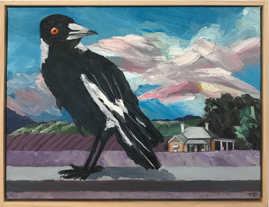Painting of a magpie with a landscape in the background