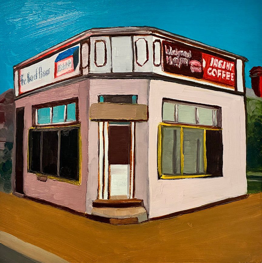 Painted illustration of a corner store with signs and windows