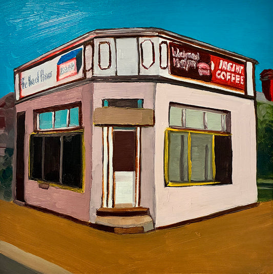 Painted illustration of a corner store with signs and windows