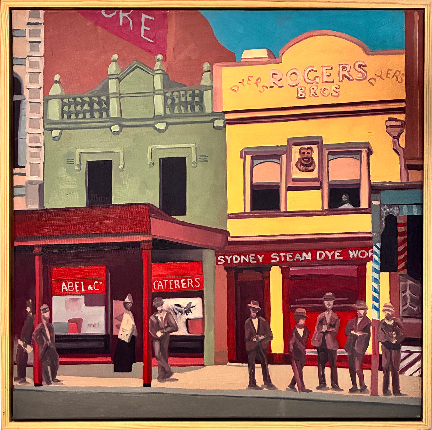 Artistic depiction of a street scene in Oxford St Sydney featuring a colourful and stylized urban landscape.