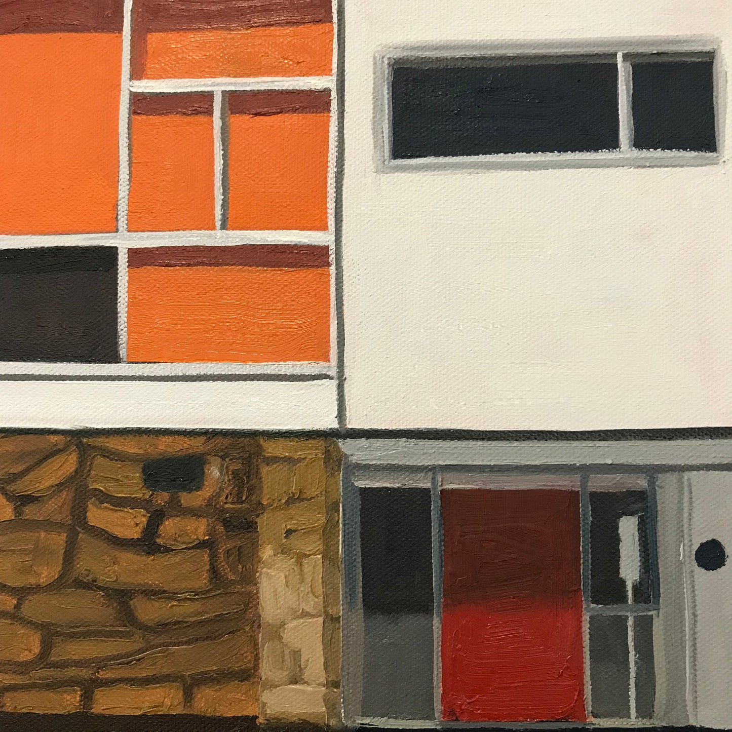 Abstract art piece with geometric shapes in orange, brown, black, and red on a white background.