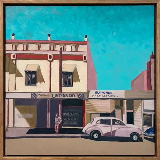 Painting of a dilapidated building with a man and a car in Glebe, Sydney, Australia