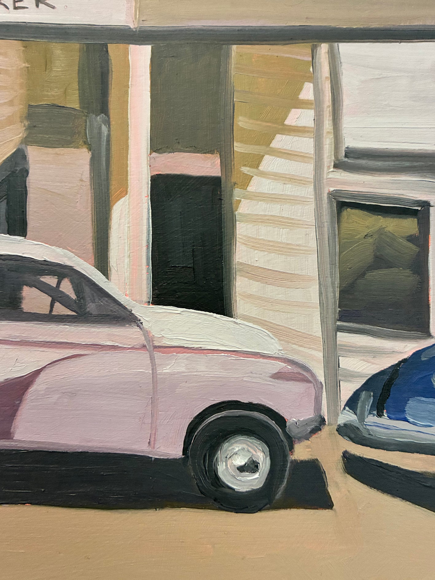 Abstract painting of a car and building reflections in a window