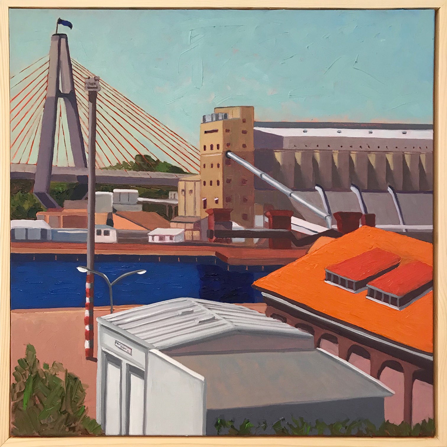 Artistic depiction of a harbour with a bridge in the background