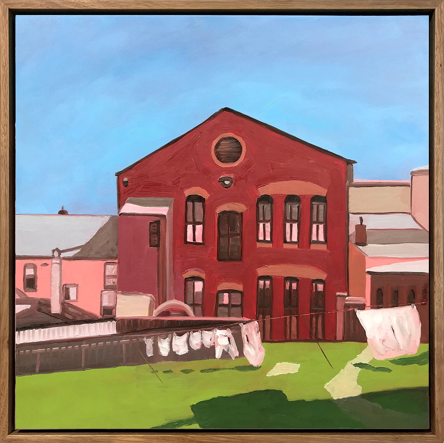 Painting of a red brick building with a blue sky and green grass.