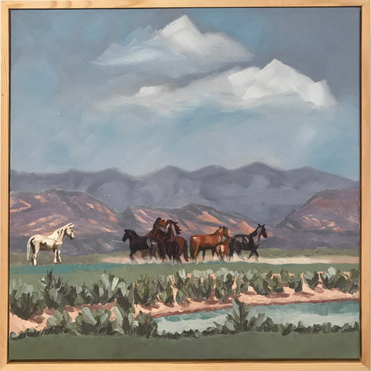 Painting of horses in a field with mountains in the background